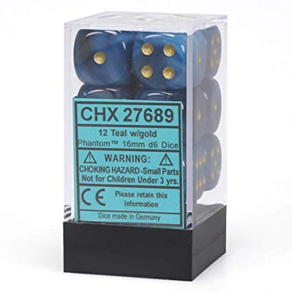 Chessex Phantom: 16mm D6 Teal/Gold 12 ct | Odin's Place