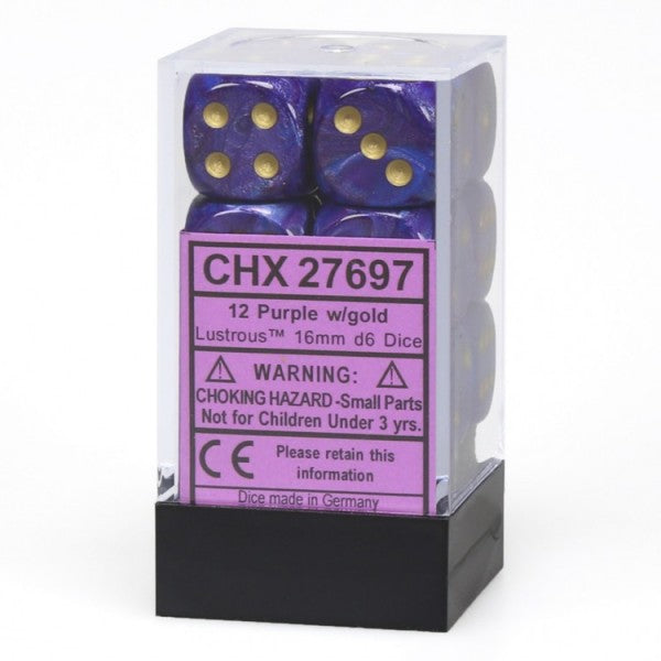 Chessex Lustrous: 16mm D6 Purple/Gold/Black 12 ct | Odin's Place