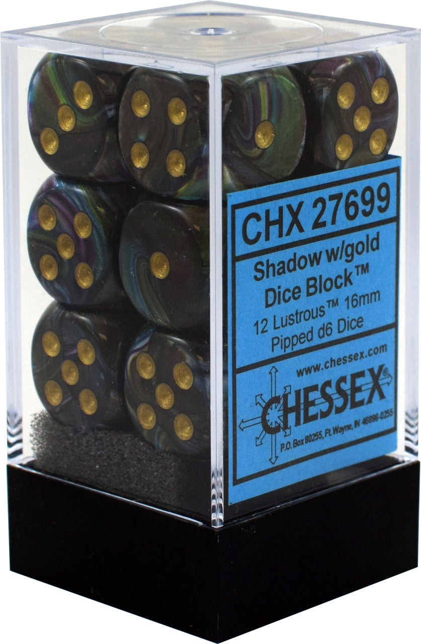 Chessex Lustrous: 16mm D6 Shadow/Gold/Black 12 ct | Odin's Place