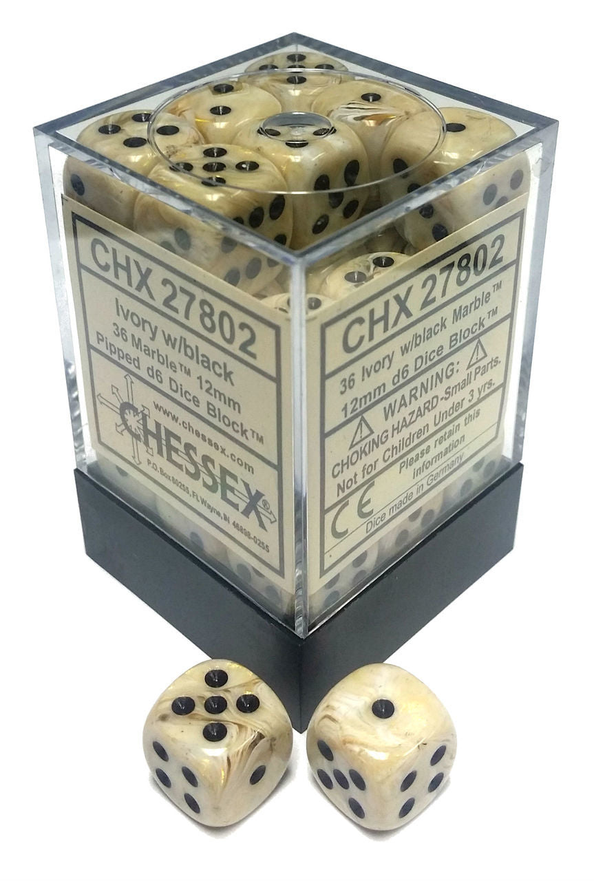 Chessex Dice Menagerie 4 Marble 12mm D6 Ivory/Black 36 ct | Odin's Place