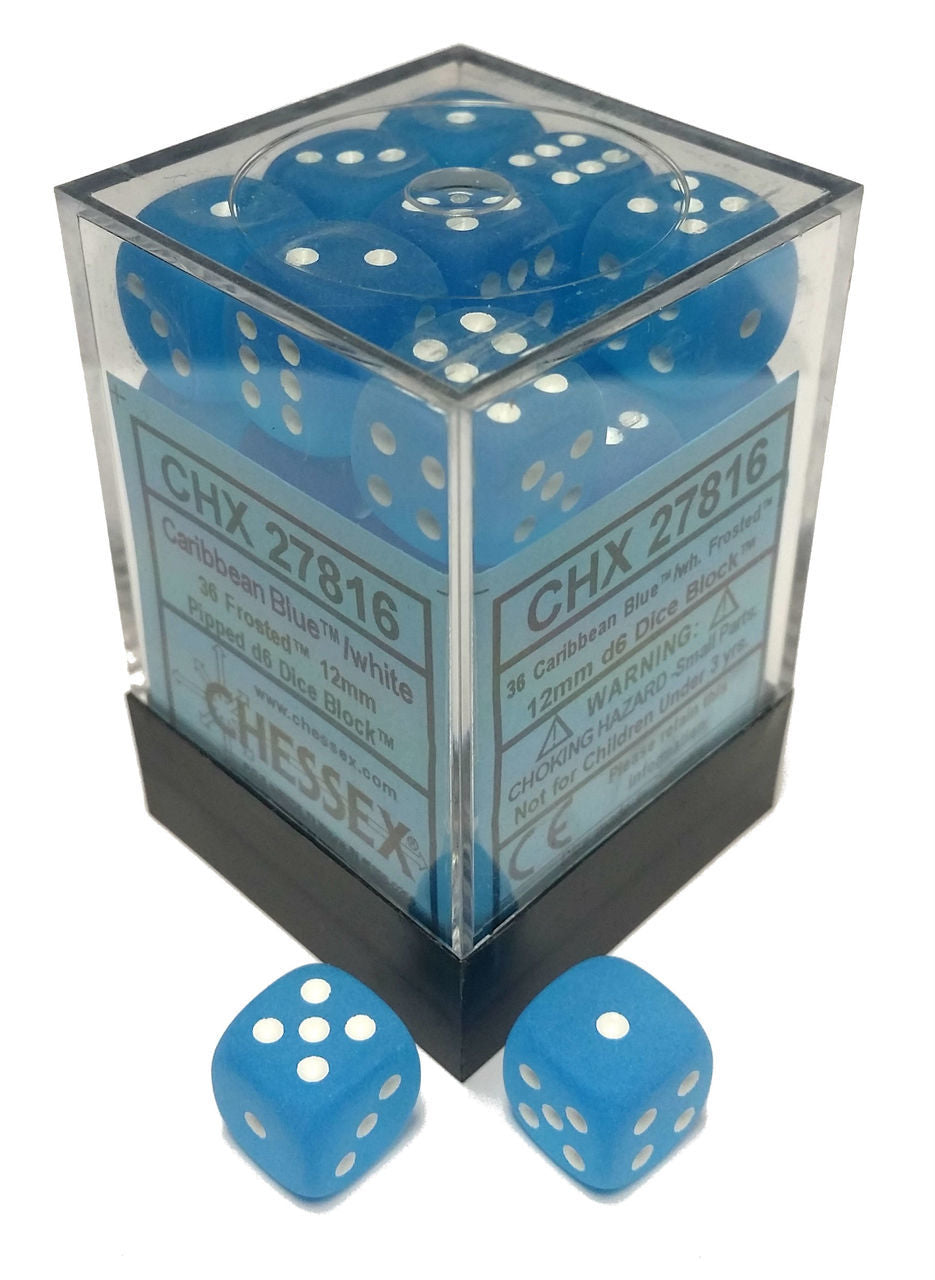 Chessex Frosted:12mm D6 Caribbean Blue/White Block 36 ct | Odin's Place