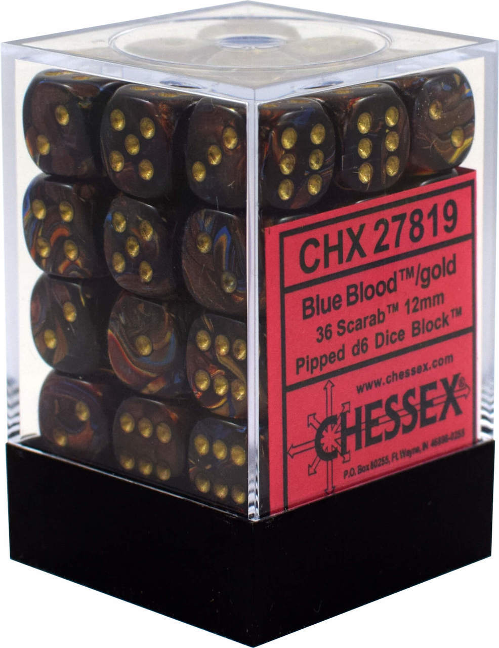Chessex Dice Menagerie 5 Scarab 12mm D6 Blue/Blood/Gold 36 ct | Odin's Place