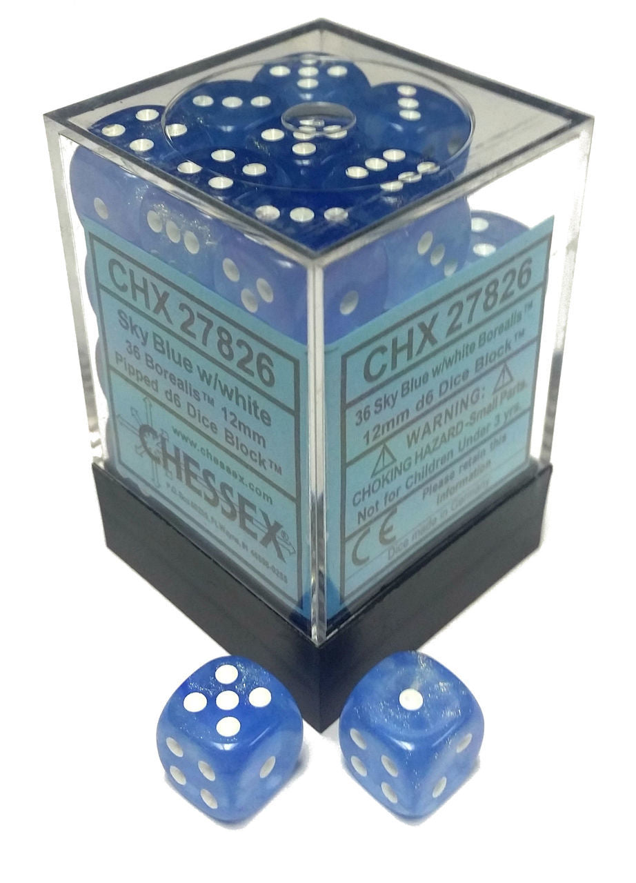 Chessex Borealis: 12mm D6 Sky Blue/White/Black 36 ct | Odin's Place