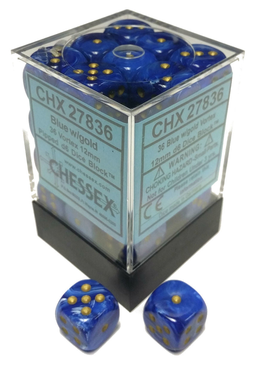 Chessex Vortex: 12mm D6 Blue/Gold/Black 36 ct | Odin's Place
