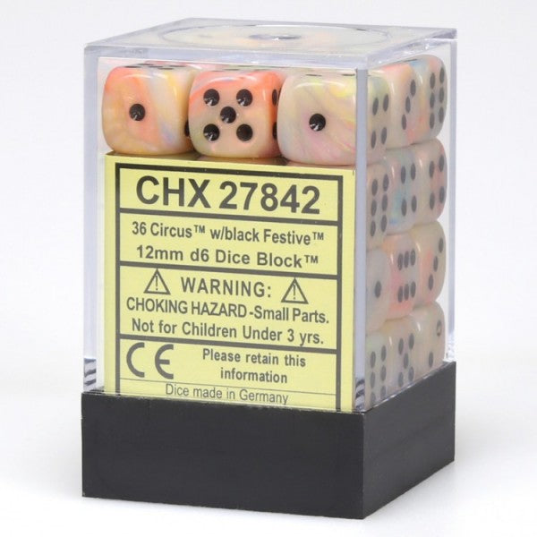 Chessex Dice Menagerie 4 Festive 12mm D6 Circus/Black 36 ct | Odin's Place