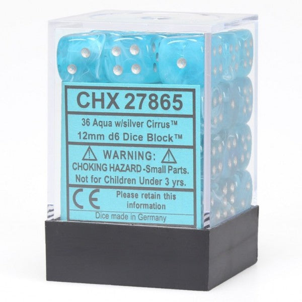 Chessex Dice Menagerie 5 Cirrus 12mm D6 Aqua/Silver 36 ct | Odin's Place