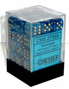 Chessex Phantom: 12mm D6 Teal/Gold 36 ct | Odin's Place