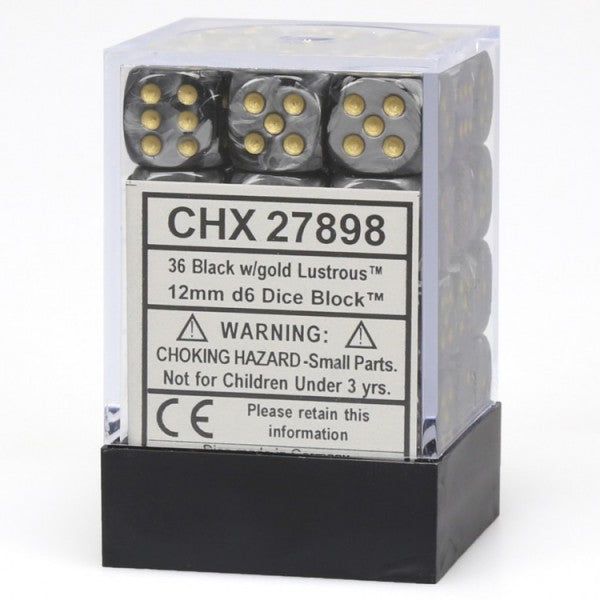 Chessex Lustrous: 12mm D6 Black/Gold 36 ct | Odin's Place