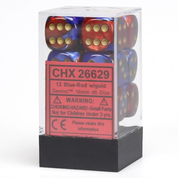 Chessex Gemini Blue and Red with Gold 16mm D6 Set | Odin's Place