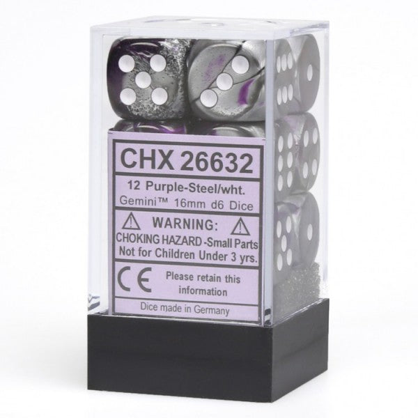 Chessex Gemini Purple and Steel with White 16mm D6 Set | Odin's Place