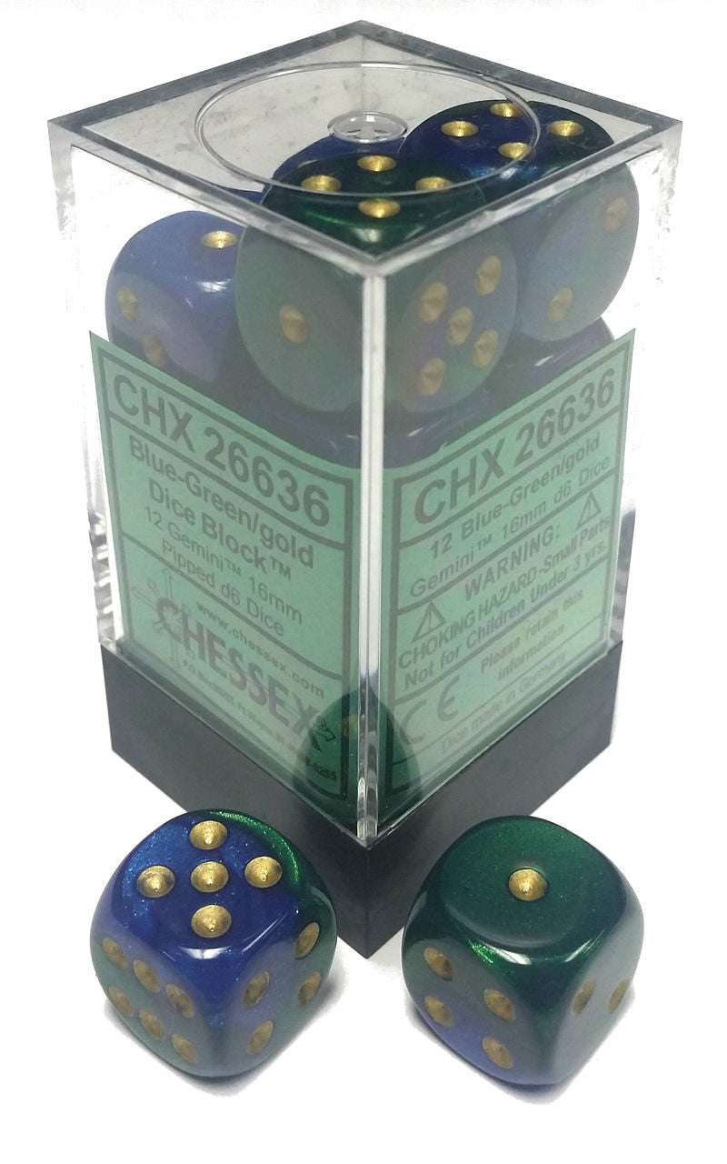 Chessex Gemini Blue and Green with Gold 16mm D6 Set | Odin's Place