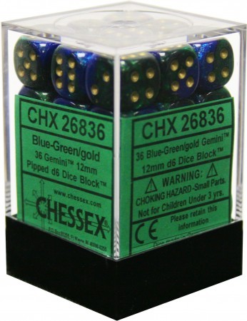 Chessex Gemini Blue and Green with Gold 12mm D6 Set | Odin's Place
