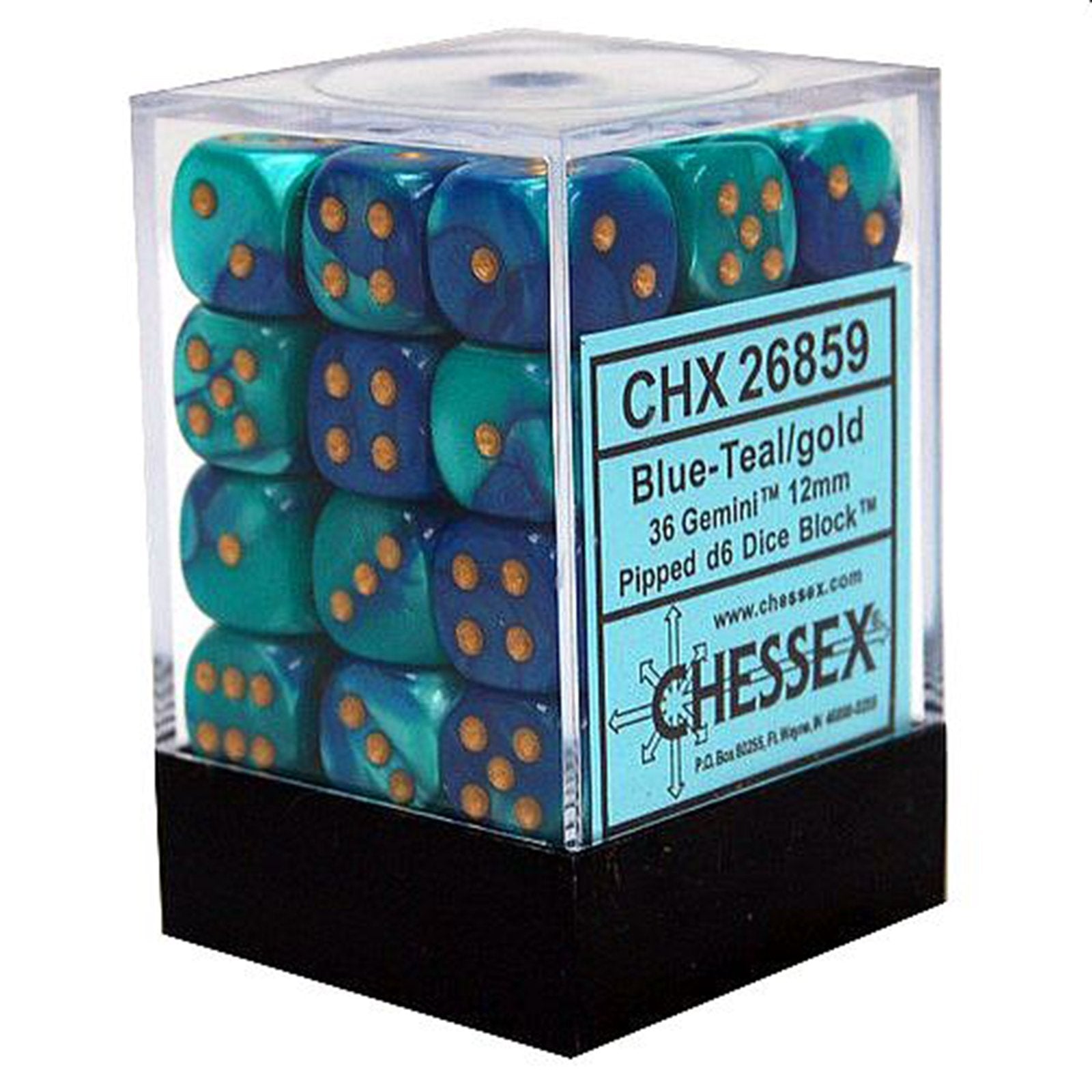 Chessex Gemini Blue with Teal and Gold 12mm D6 Set | Odin's Place