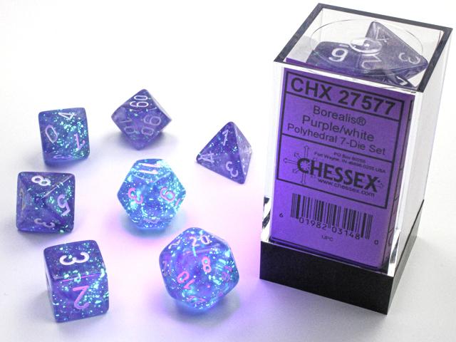 Chessex Borealis  Purple with White Luminary Glow in the Dark Poly 7 Set | Odin's Place
