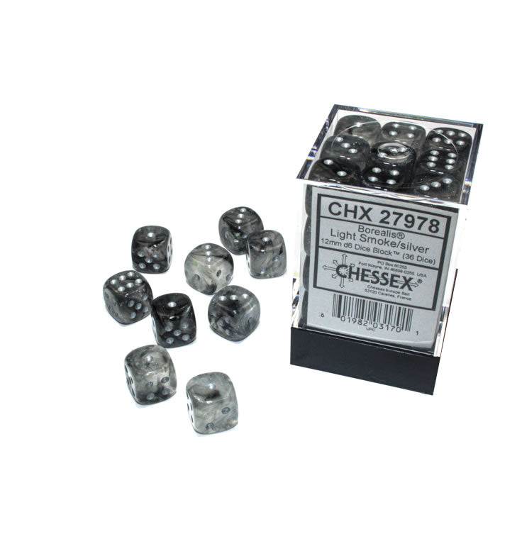 Chessex Borealis Light Smoke with Silver 12mm D6 Dice Set | Odin's Place