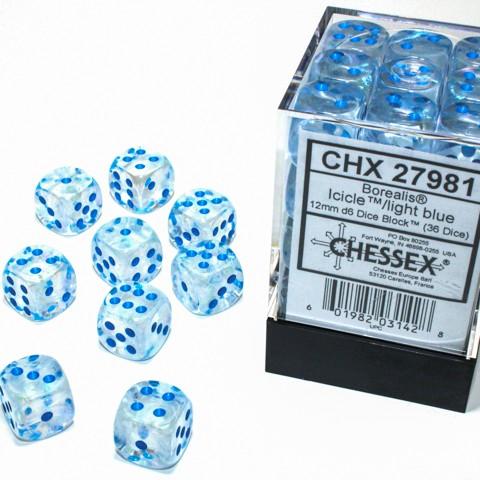 Chessex Borealis Glow in the Dark Icicle with Light Blue 12mm D6 Dice Set | Odin's Place