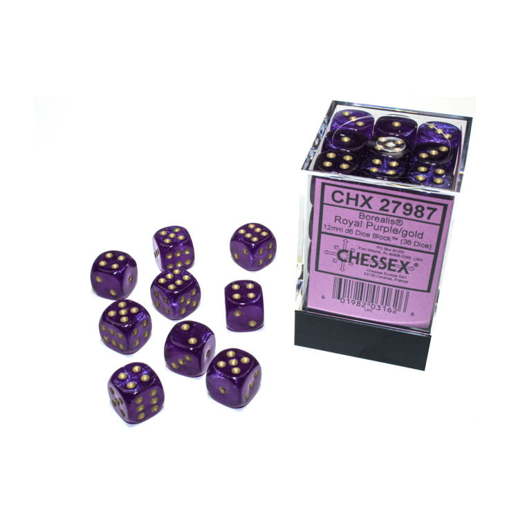 Chessex Borealis Glow in the Royal Purple with Gold 12mm D6 Dice Set | Odin's Place