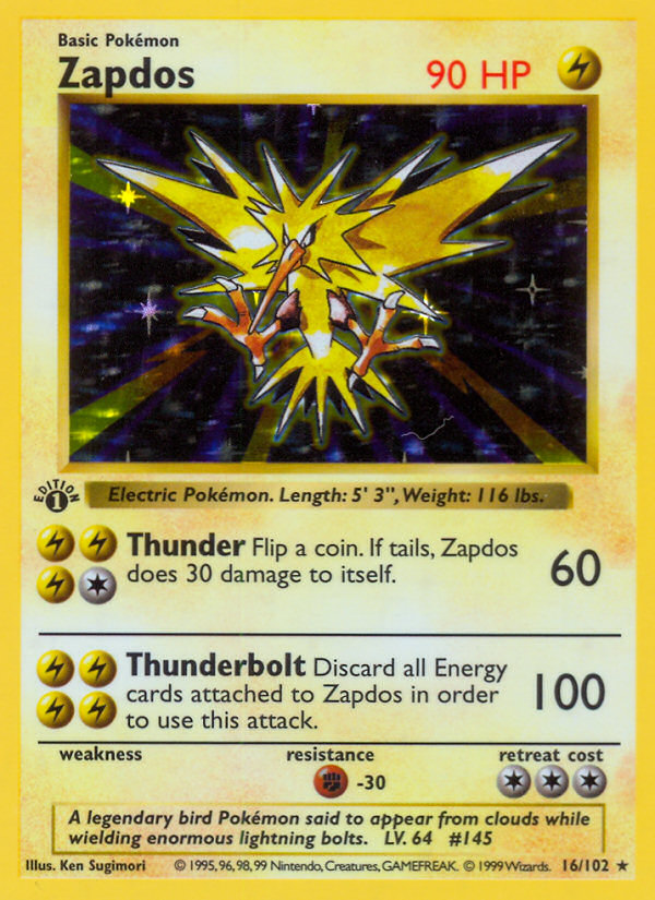 Zapdos (16/102) (Shadowless) [Base Set 1st Edition] | Odin's Place