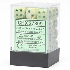 Chessex Dice Menagerie 8 12mm D6 Marble Green/Dark Green 36 ct | Odin's Place