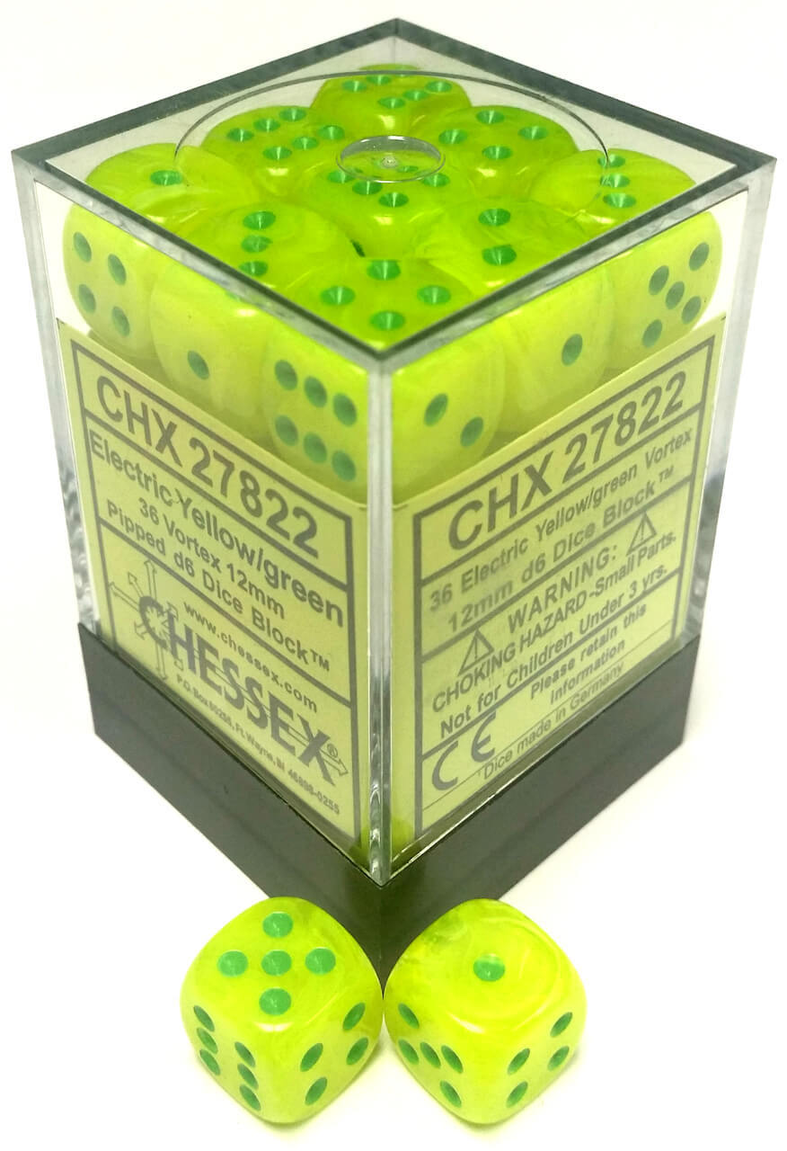 Chessex Dice Menagerie 8 12mm D6 Vortex Electric Yellow/Green 36 ct | Odin's Place