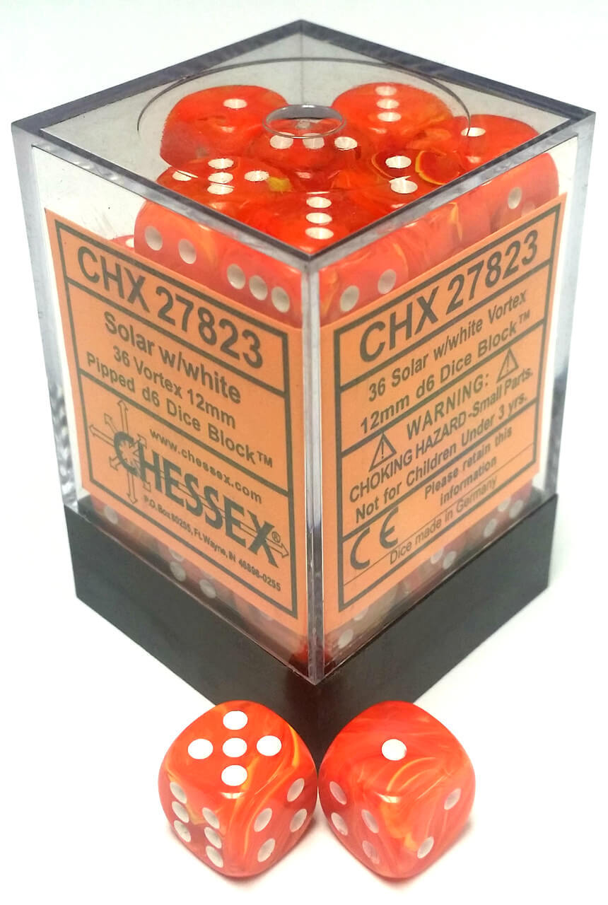 Chessex Dice Menagerie 8 12mm D6 Vortex Solar/White 36 ct | Odin's Place