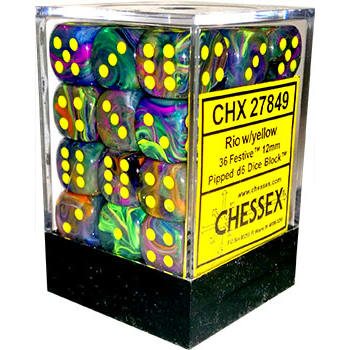 Chessex Dice Menagerie 8 12mm D6 Festive Rio/Yellow 36 ct | Odin's Place