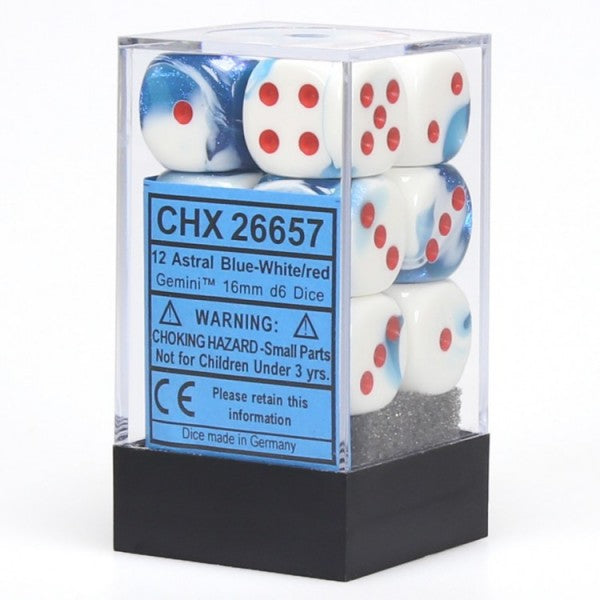 Chessex Gemini 7 16mm D6 Astral Blue/White/Red 12 ct | Odin's Place