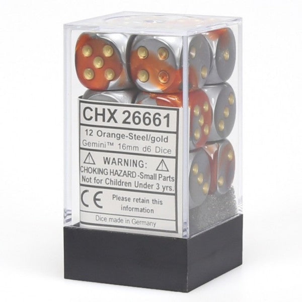 Chessex Gemini 7 16mm D6 Orange/Steel/Gold 12 ct | Odin's Place