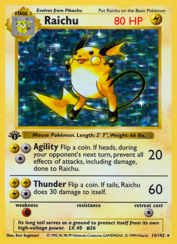 Raichu (14/102) (Shadowless) [Base Set 1st Edition] | Odin's Place