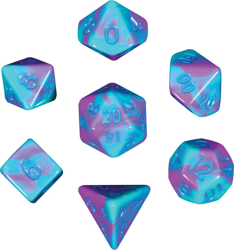MDG Mini Green and Purple and Teal with Blue Poly 7 Dice Set | Odin's Place