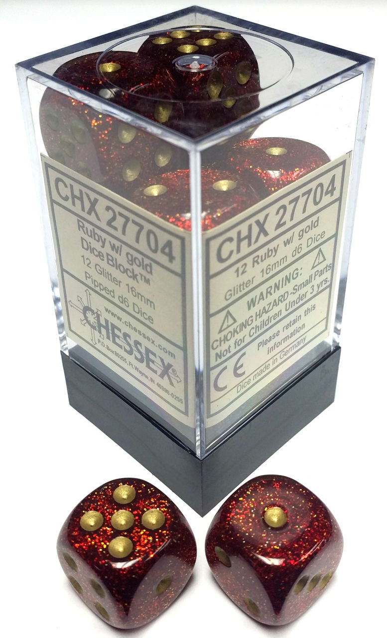 Chessex Dice Menagerie 9 Glitter 16mm D6 Ruby/Gold 12 ct | Odin's Place