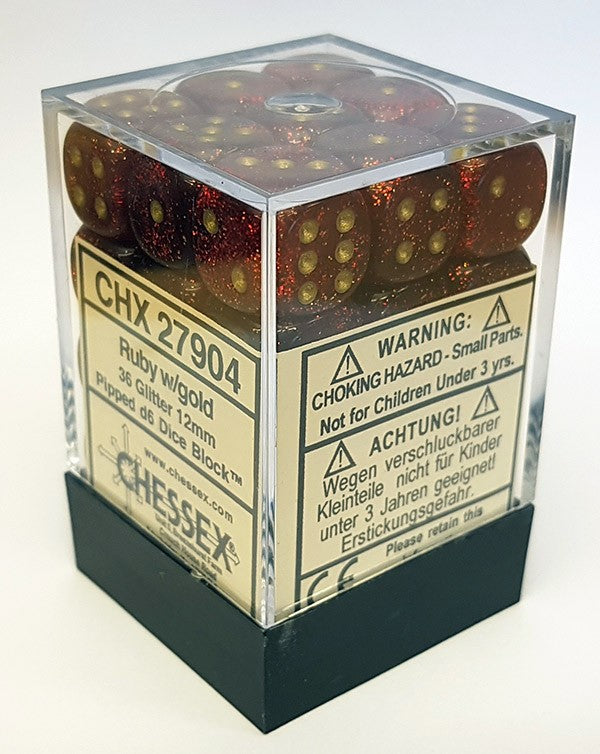 Chessex Dice Menagerie 9 Glitter 12mm D6 Ruby/Gold 36 ct | Odin's Place