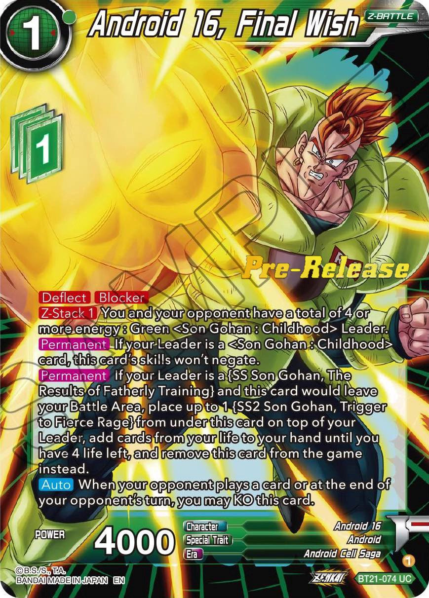 Android 16, Final Wish (BT21-074) [Wild Resurgence Pre-Release Cards] | Odin's Place