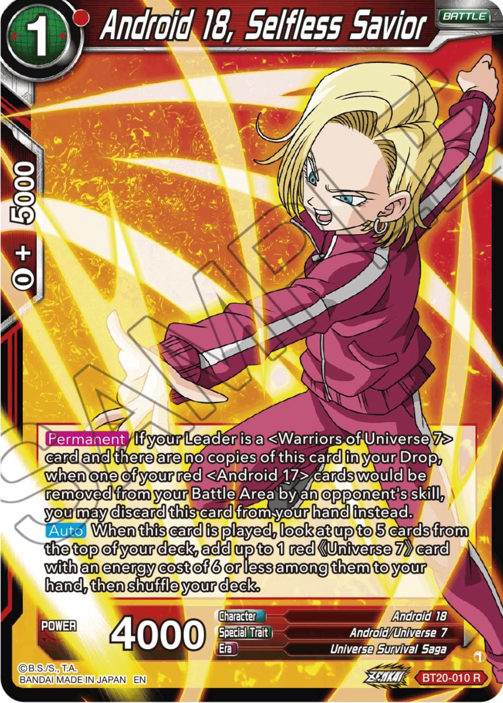 Android 18, Selfless Savior (BT20-010) [Power Absorbed] | Odin's Place