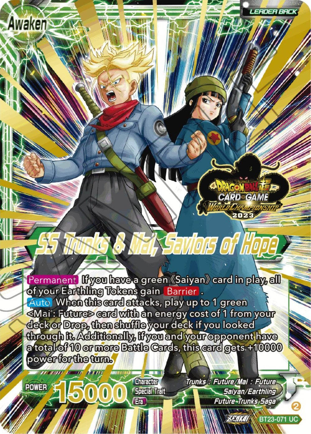 Trunks & Mai // SS Trunks & Mai, Saviors of Hope (2023 Worlds ZENKAI 06 Leader Set) (BT23-071) [Tournament Promotion Cards] | Odin's Place