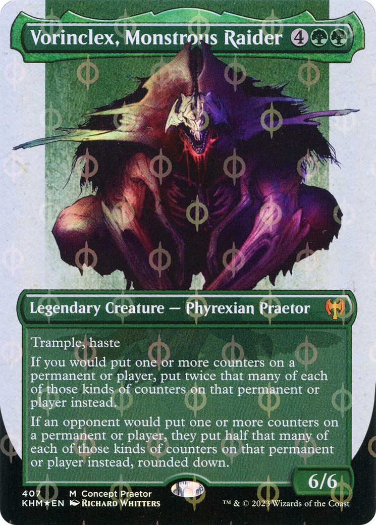Vorinclex, Monstrous Raider (Borderless Concept Praetors Step-and-Compleat Foil) [Phyrexia: All Will Be One] | Odin's Place