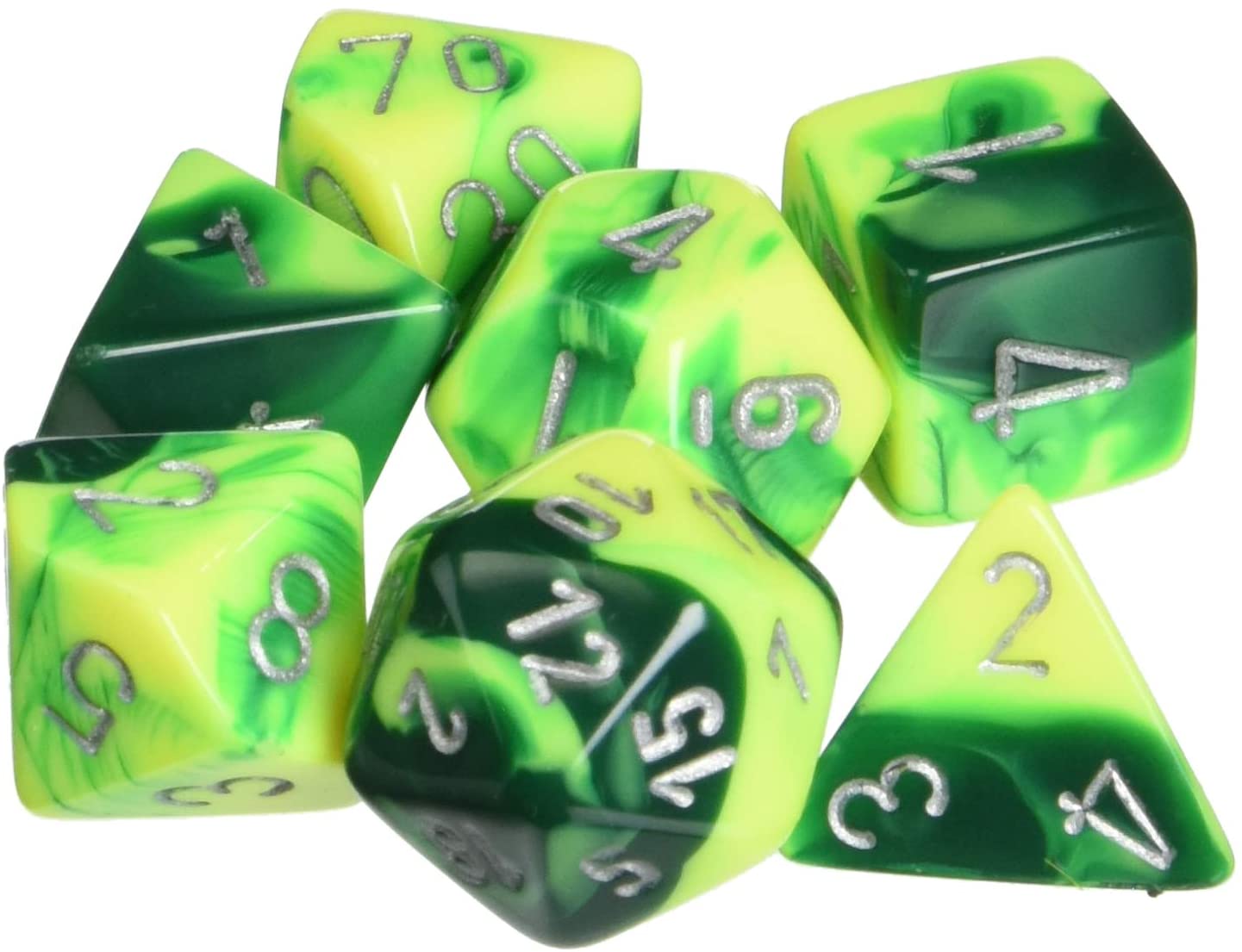 Chessex Gemini Green and Yellow with Silver Poly 7 Set | Odin's Place