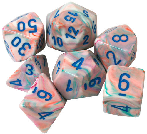 Chessex Dice Menagerie 10 Poly Festive Pop Art/Blue Poly 7 Set | Odin's Place