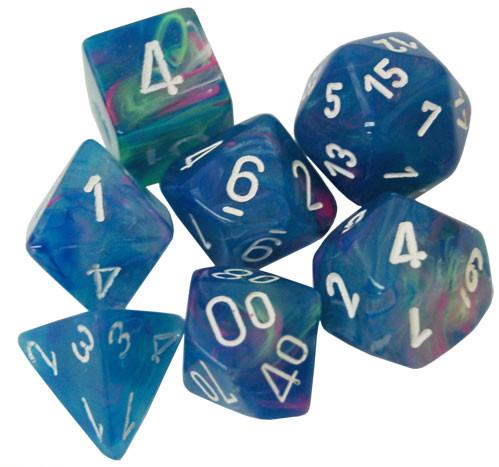 Chessex Dice Menagerie 10 Poly Festive Waterlily/White Poly 7 Set | Odin's Place