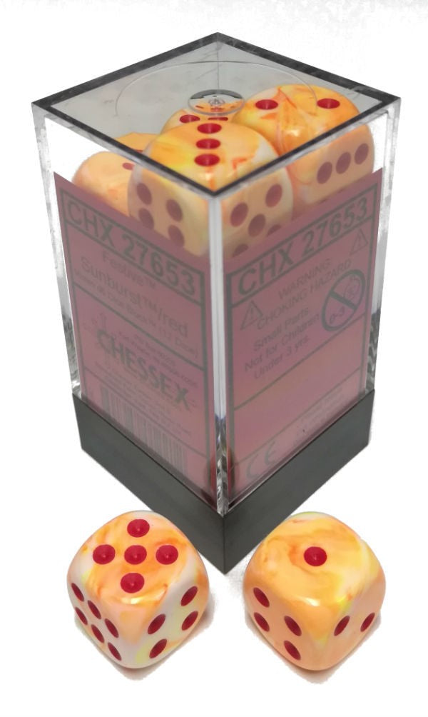 Chessex Dice Menagerie 10 16mm D6 Festive Sunburst/Red 12 ct | Odin's Place