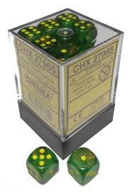 Chessex Dice Menagerie 10 12mm D6 Borealis Maple Green/Yellow 36 ct | Odin's Place