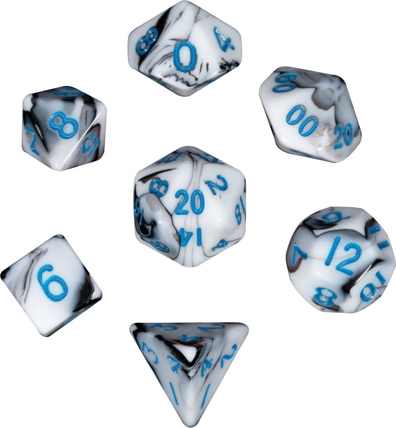MDG Mini Polyhedral Dice Set: Marble with Blue Numbers | Odin's Place
