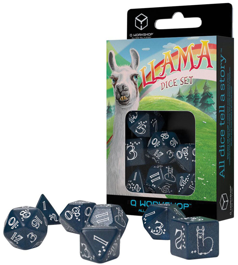 Llama Dice Set: Shimmering - Glittering Dark Blue & White (7) | Odin's Place