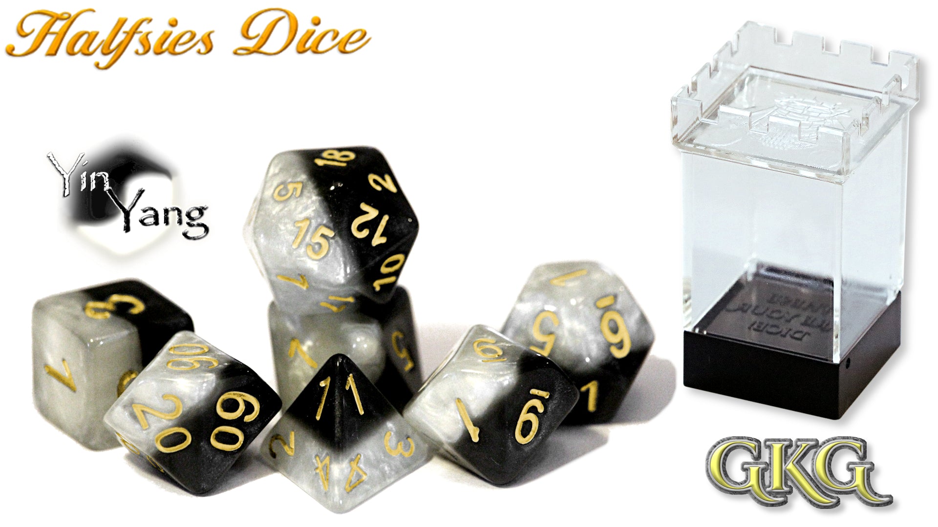 Halfsies Dice: Yin Yang - Upgraded Case (7 Polyhedral Dice Set) | Odin's Place