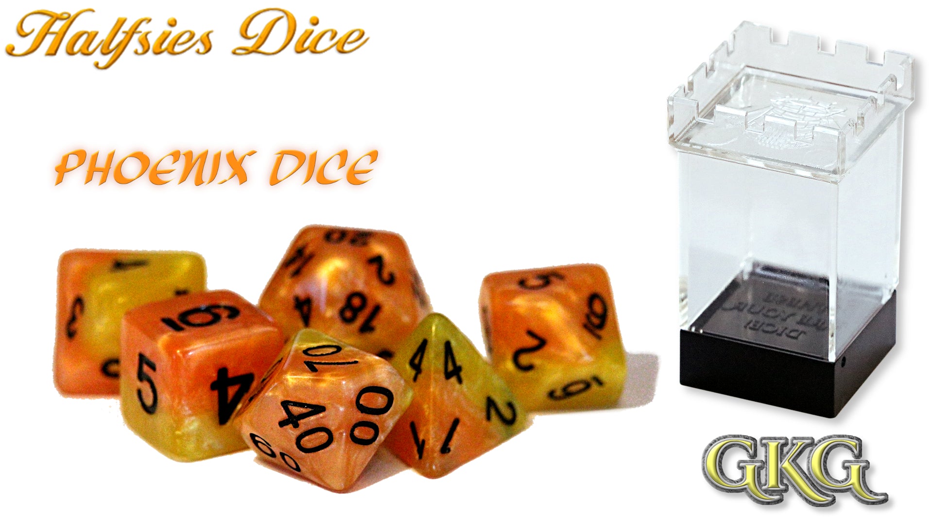 Halfsies Dice: Phoenix - Upgradede Case (7 Polyhedral Dice Set) | Odin's Place