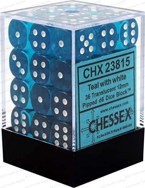 Chessex Translucent 12mm D6 Teal/White 36 ct | Odin's Place