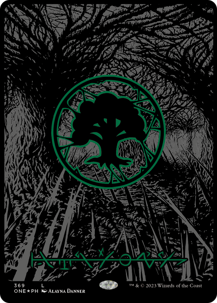 Forest (369) (Oil Slick Raised Foil) [Phyrexia: All Will Be One] | Odin's Place