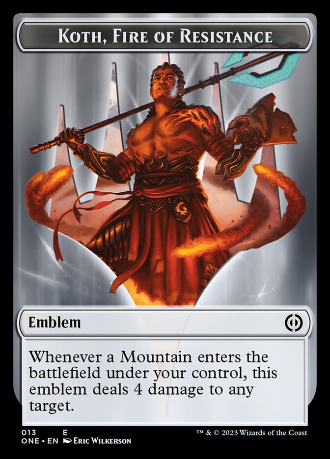 Rebel // Koth, Fire of Resistance Emblem Double-Sided Token [Phyrexia: All Will Be One Tokens] | Odin's Place