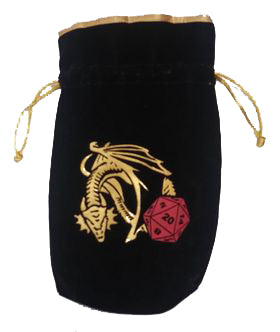 Large Dice Bag Black Velvet and Gold Satin (Dragon D20 Design) | Odin's Place