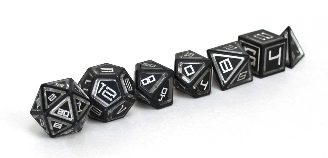 Level Up Dice Black Caged Aluminium Poly 7 Set | Odin's Place